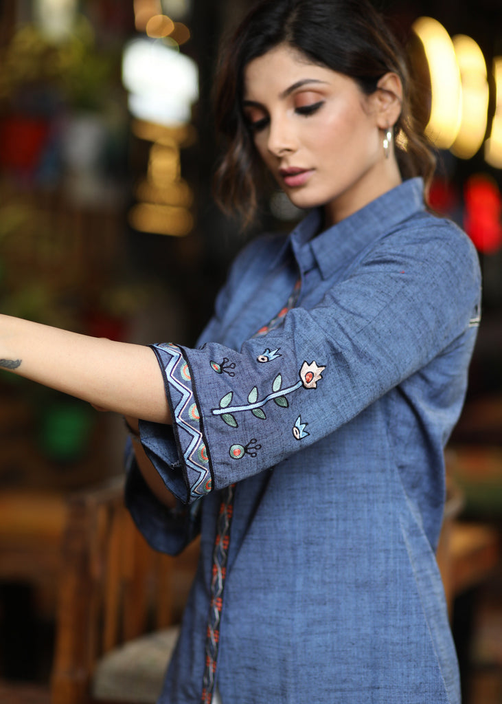 Elegant Ink Blue Cotton Shirt with Abstract Floral Embroidery on Sleeves & Back