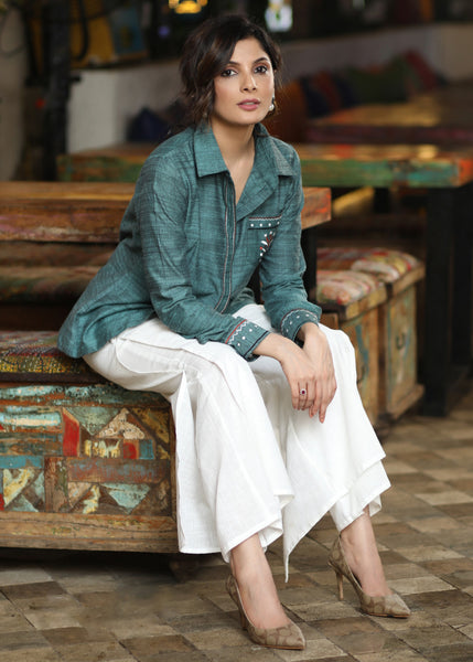 Trendy Cotton Textured Turquoise Casual Shirt with Elegnat Embroidery on Pocket & Sleeves