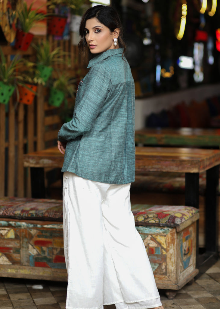 Trendy Cotton Textured Turquoise Casual Shirt with Elegant Embroidery on Pocket & Sleeves