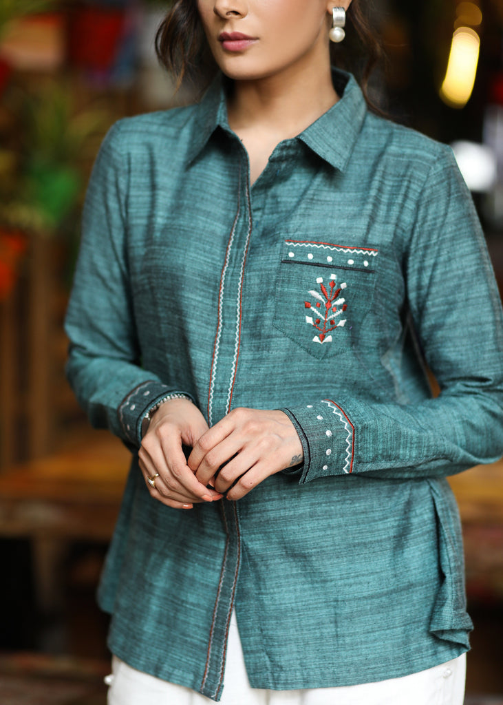 Trendy Cotton Textured Turquoise Casual Shirt with Elegant Embroidery on Pocket & Sleeves