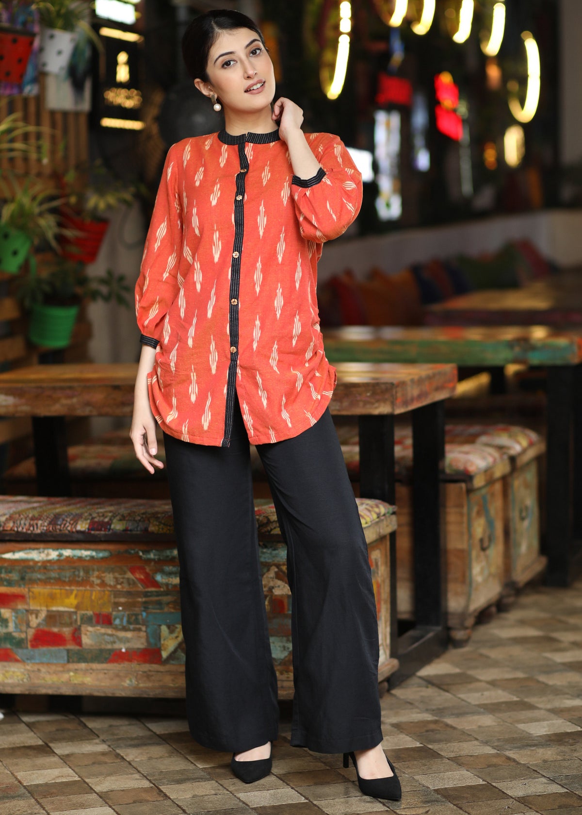 Trendy Orange Cotton Ikat Casual Shirt Highlighted Black Kantha & Mandarin Collar - Pant Optional