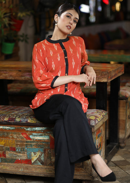 Trendy Orange Cotton Ikat Casual Shirt Highlighted Black Kantha & Mandarin Collar