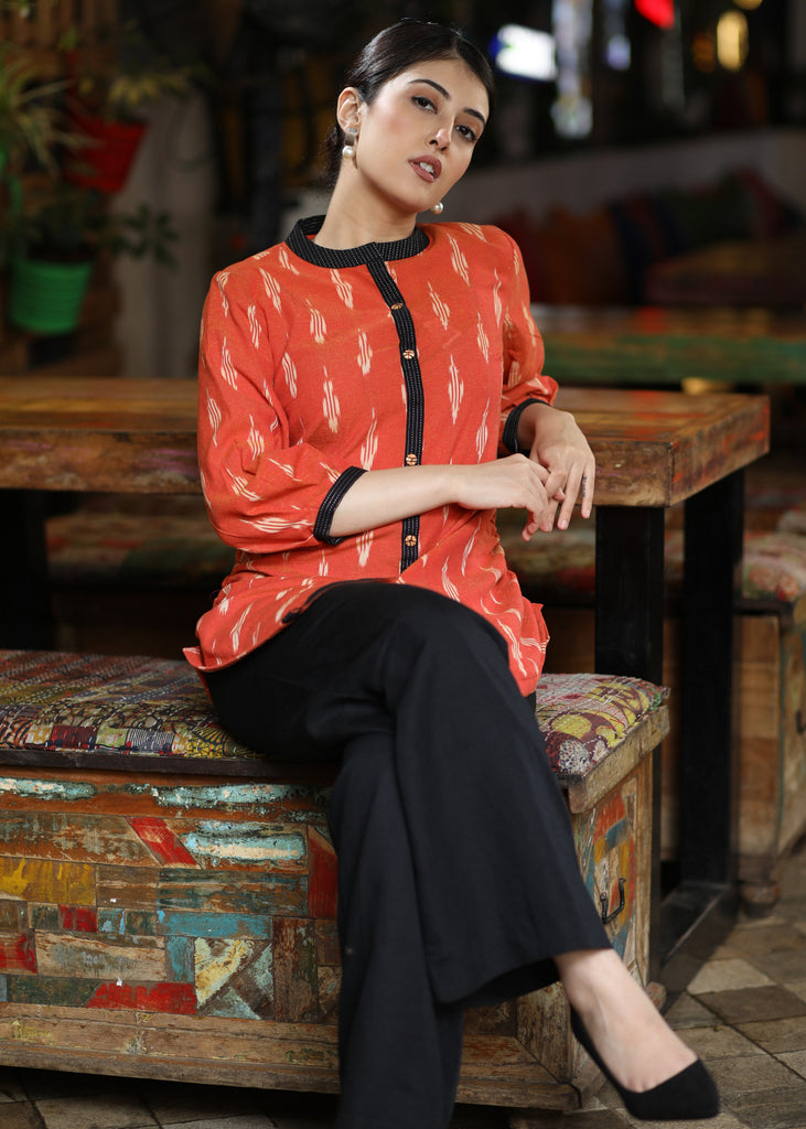 Trendy Orange Cotton Ikat Casual Shirt Highlighted Black Kantha & Mandarin Collar