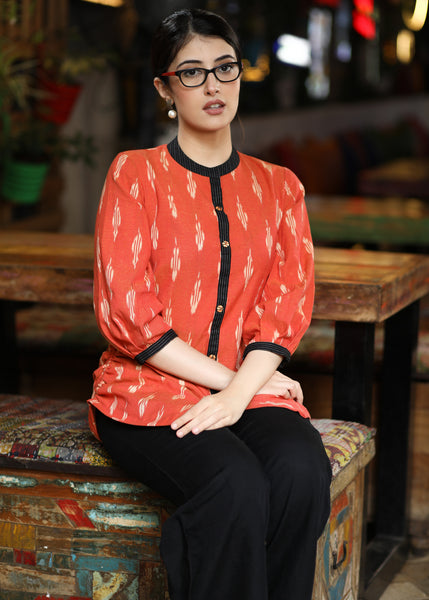 Trendy Orange Cotton Ikat Casual Shirt Highlighted Black Kantha & Mandarin Collar