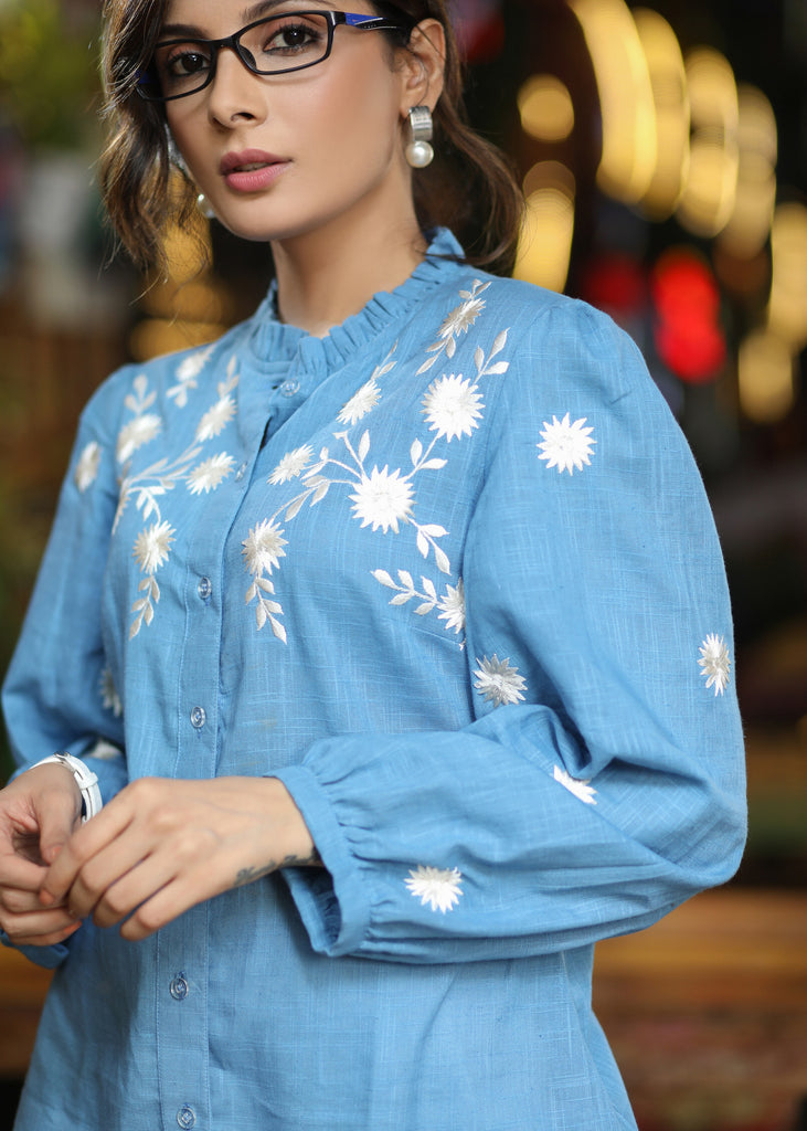 Casual Powder Blue Cotton Shirt with Beautiful Floral Embroidery on Yoke & Sleeves