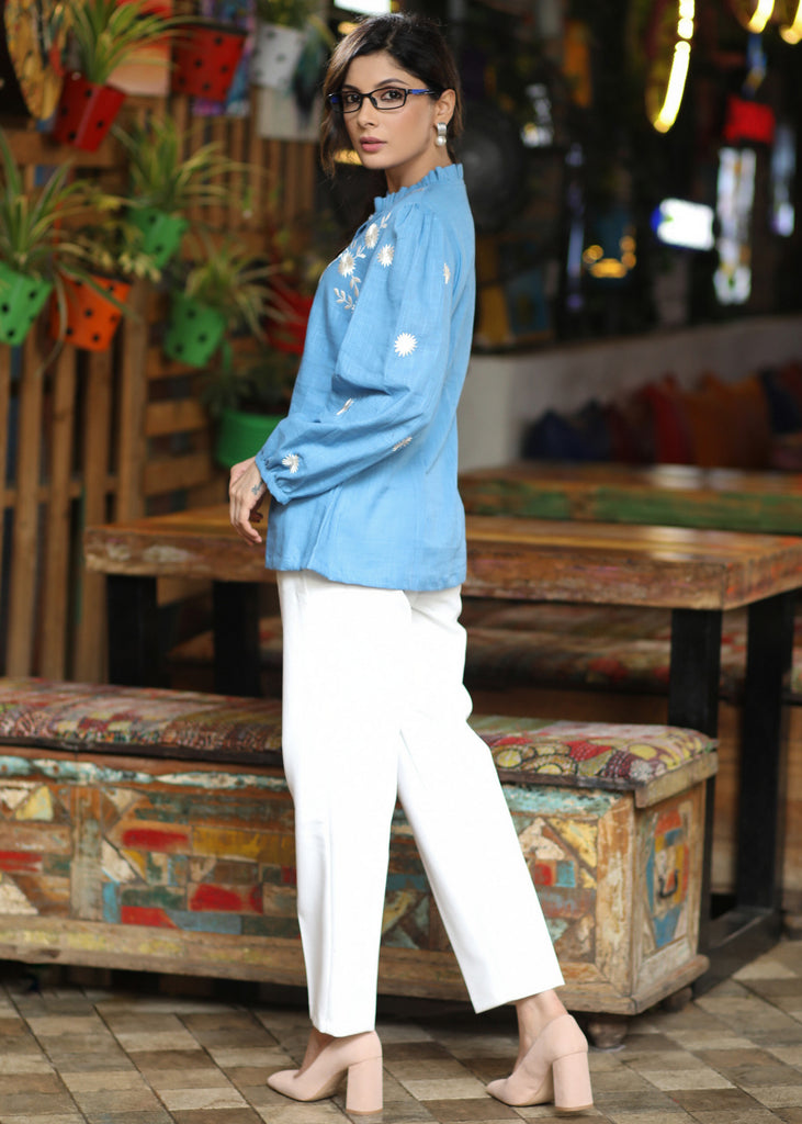 Casual Powder Blue Cotton Shirt with Beautiful Floral Embroidery on Yoke & Sleeves