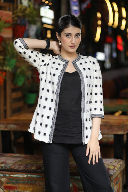 Stylish White Ikat Jacket with Black Inner Highlighted with Aztec Ikat Border - pant optional