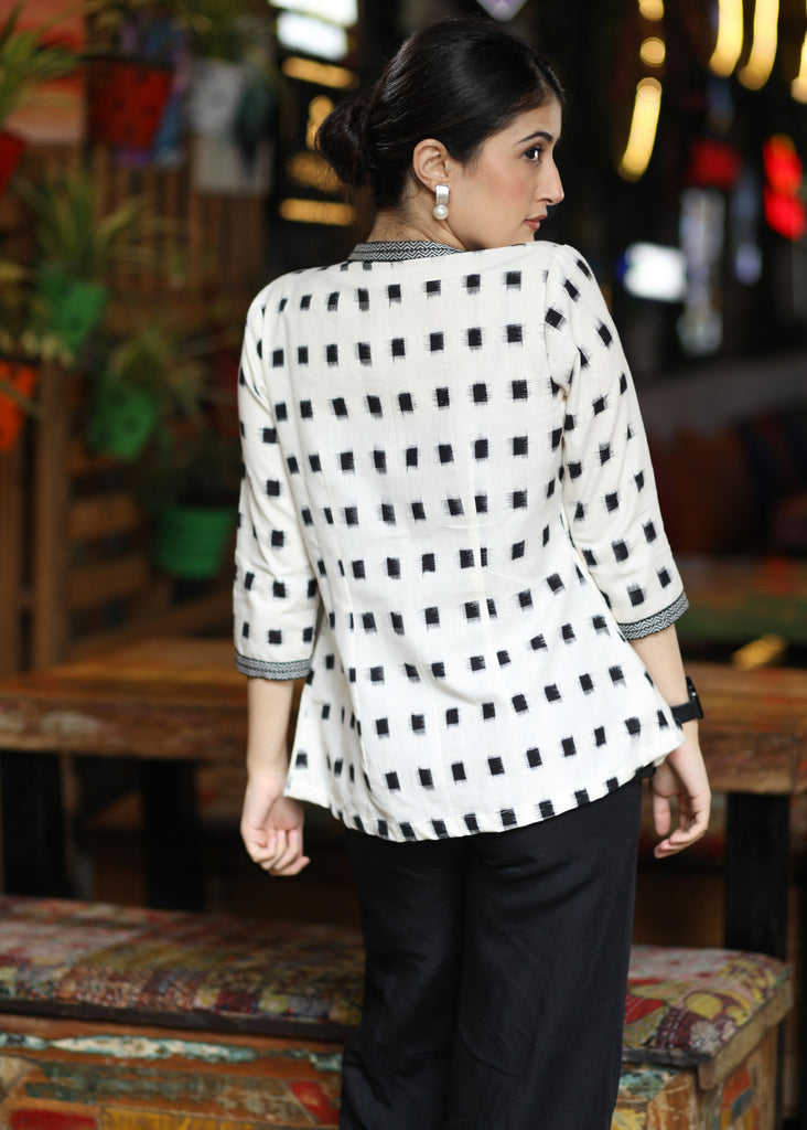 Stylish White Ikat Jacket with Black Inner Highlighted with Aztec Ikat Border