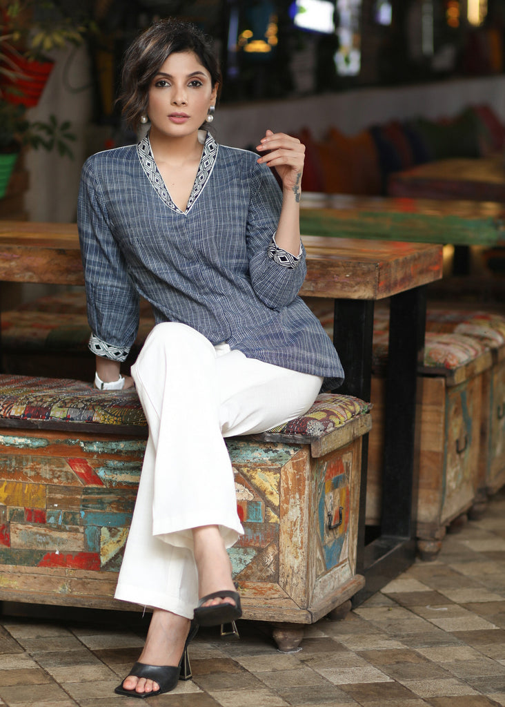 Beautiful Navy Blue Textured Cotton Shirt with Elegant Embroidery on Collar & Sleeves