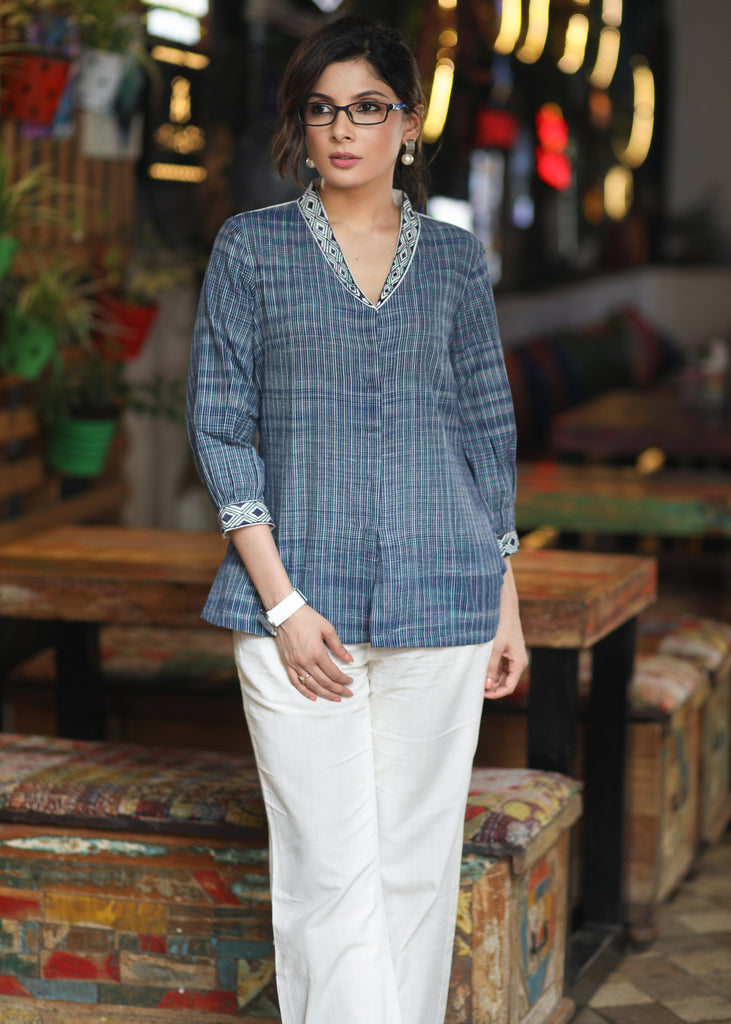 Beautiful Navy Blue Textured Cotton Shirt with Elegant Embroidery on Collar & Sleeves