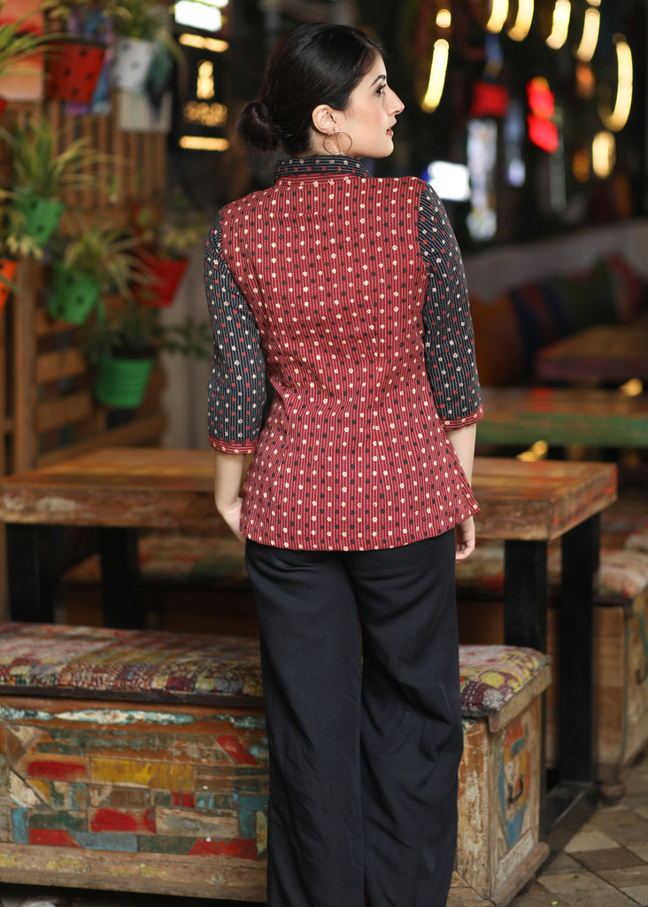 Trendy Red & Black Kantha Shirt With Half & Half Pattern