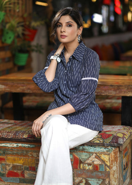 Formal Navy Blue Cotton Ikat Shirt with Delicate Lace