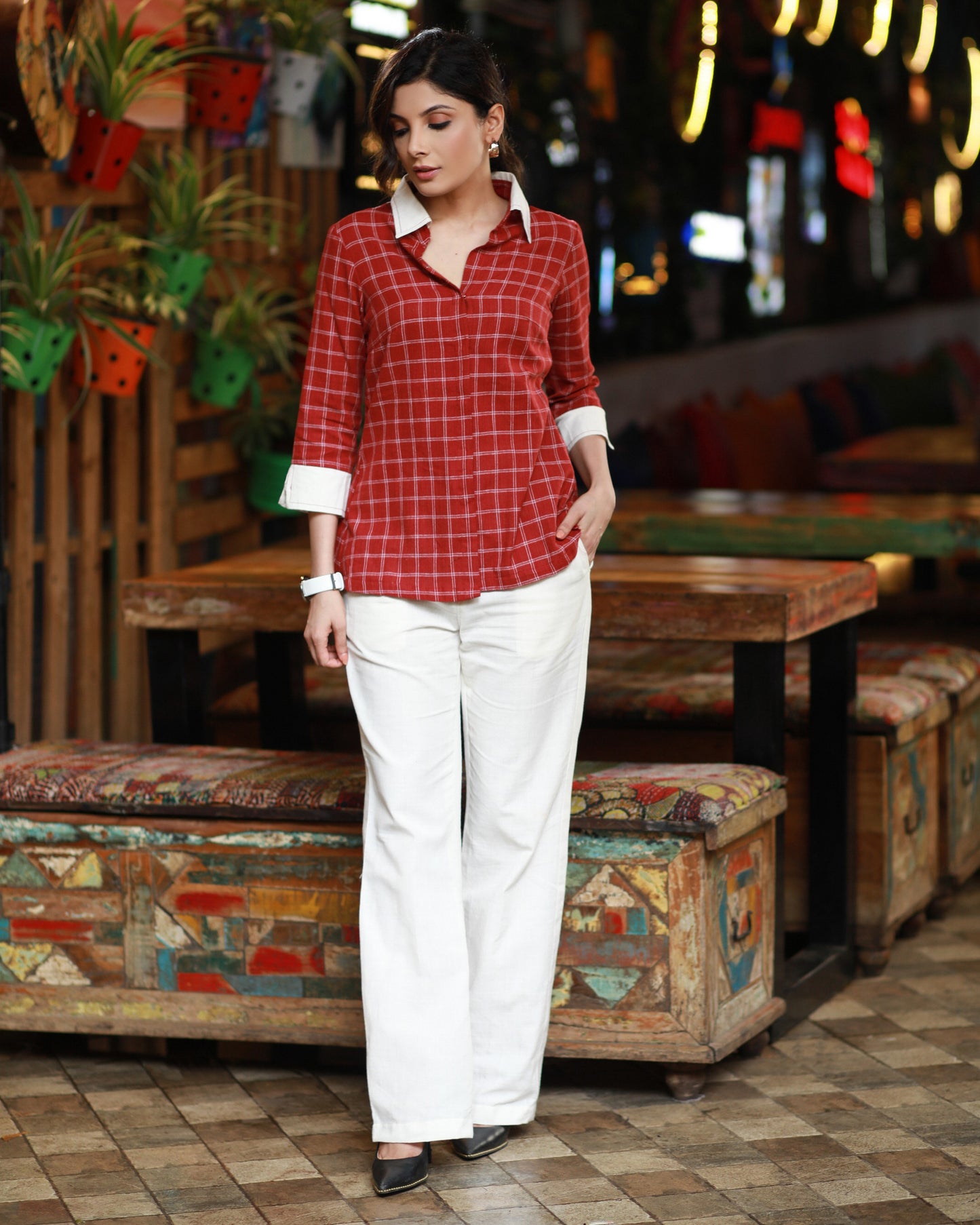 Classy Formal Sweet Red Cotton Checkered Shirt Highlighted with Plain Collar & Cuffs