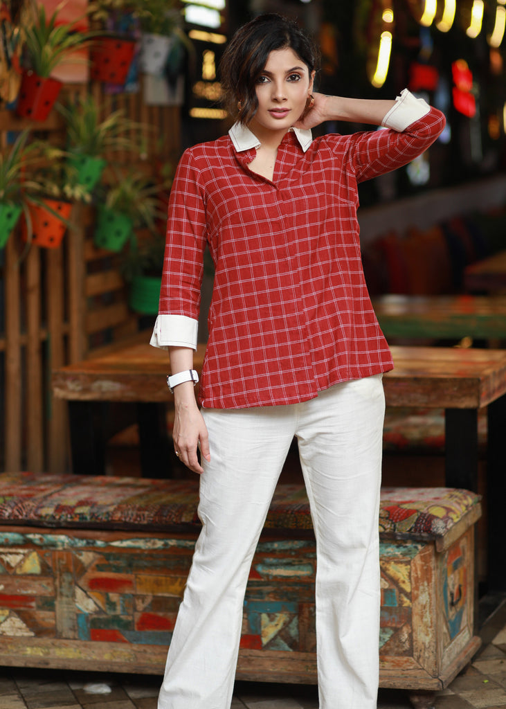Classy Formal Sweet Red Cotton Checkered Shirt Highlighted with Plain Collar & Cuffs