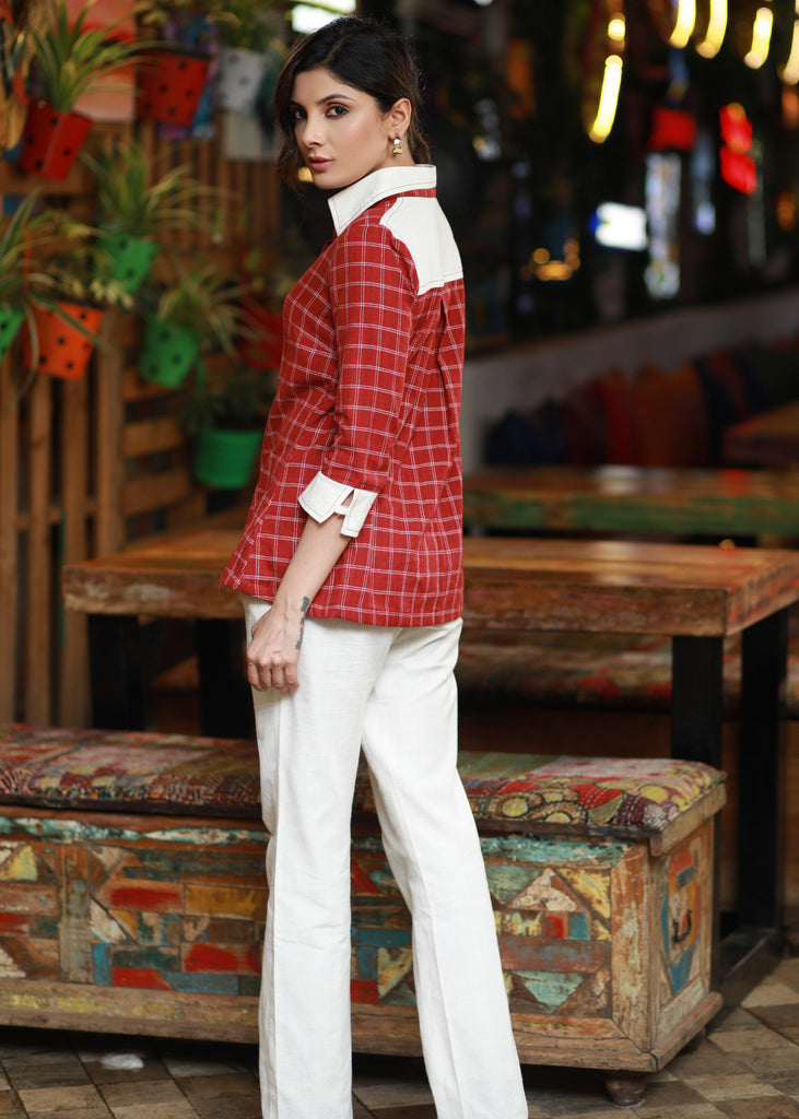 Classy Formal Sweet Red Cotton Checkered Shirt Highlighted with Plain Collar & Cuffs
