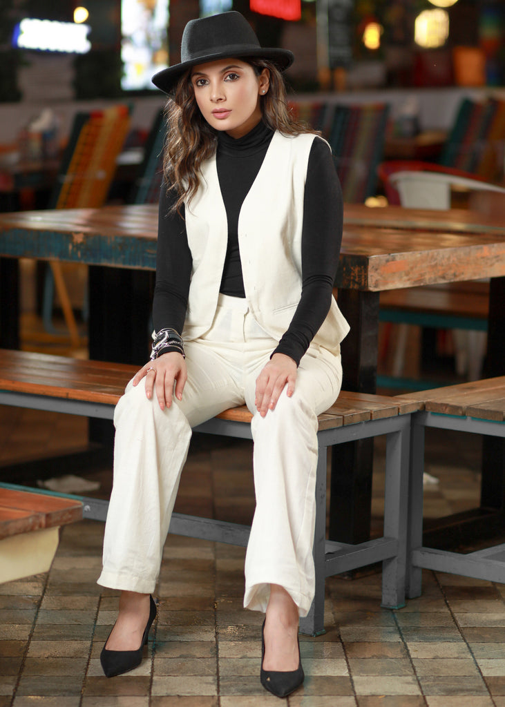 Classy White Cotton Waist Coat with Pant Optional