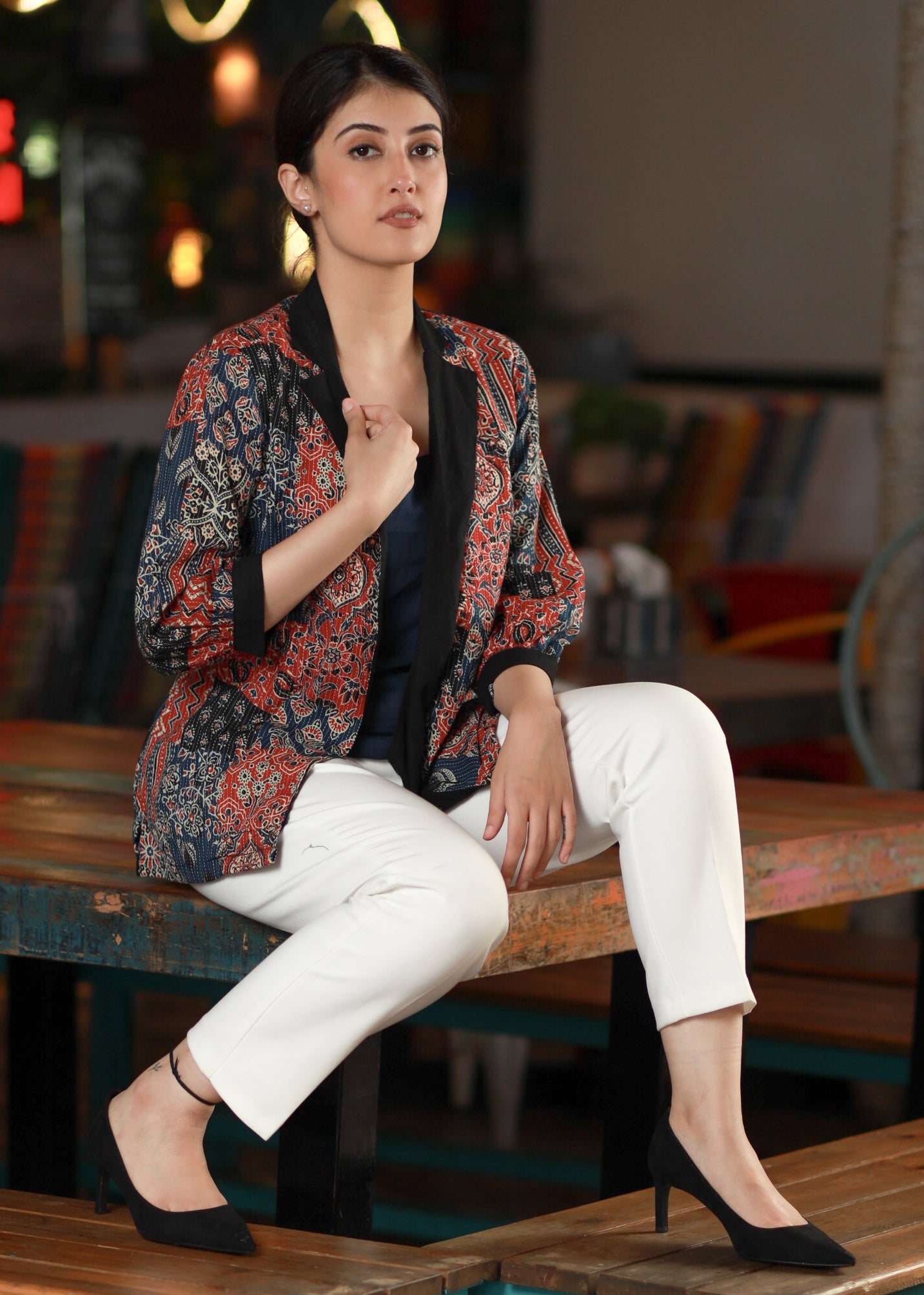 Exclusive Cotton Patchwork Jacket with Navy Blue Inner - pant optional