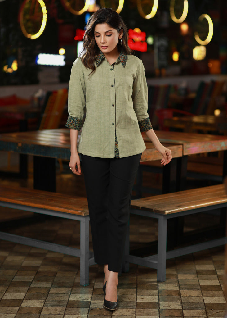 Elegant Mint Green Casual Shirt with Ajrakh Combination with Smart Back