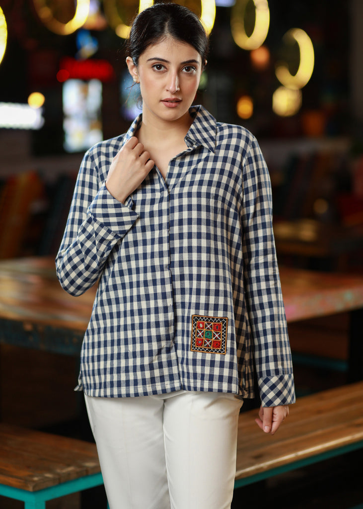 Smart Blue Cotton Checkered Shirt Highlighted with Beautiful Kutch Mirrorwork Patch