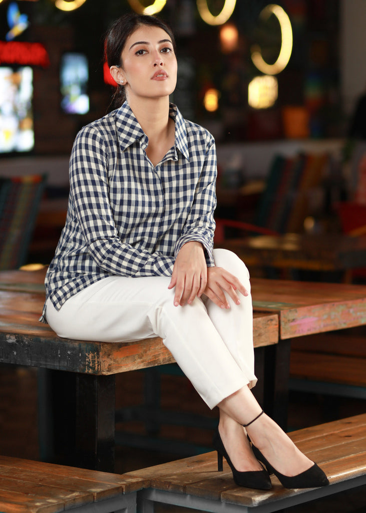 Smart Blue Cotton Checkered Shirt Highlighted with Beautiful Kutch Mirrorwork Patch