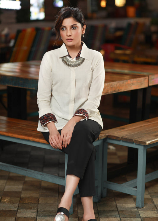 Stylish Ivory Shirt with Ajrakh Detailing