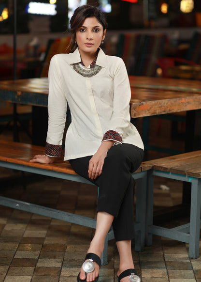 Stylish Ivory Shirt with Ajrakh Detailing