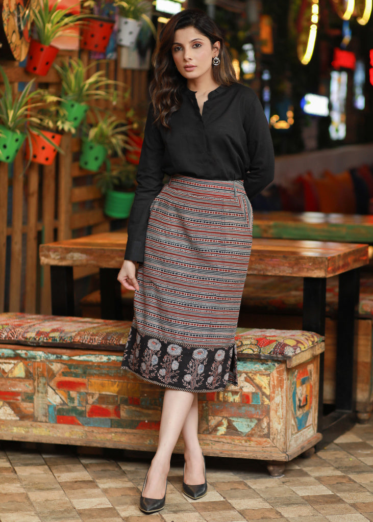 Elegant Black Indo-Western Cotton Ajrakh Office Wear Skirt Paired with Optional Plain Black Classic Shirt with Mandarin Collar