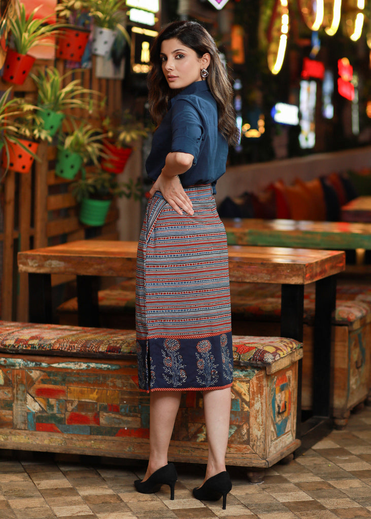 Elegant Navy Blue Indo-Western Cotton Ajrakh Office Wear Skirt Paired with Optional Classy Shirt