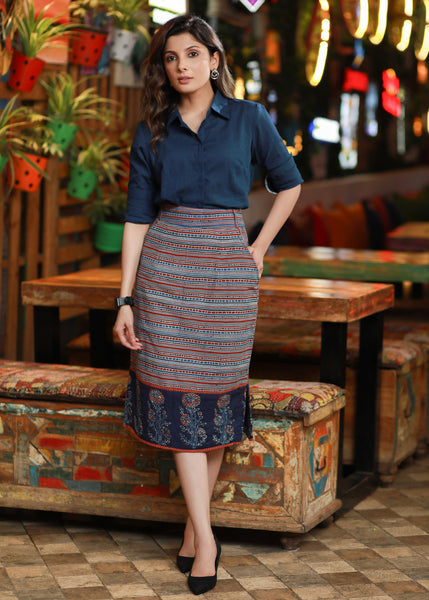 Elegant Navy Blue Indo-Western Cotton Ajrakh Office Wear Skirt Paired with Optional Classy Shirt