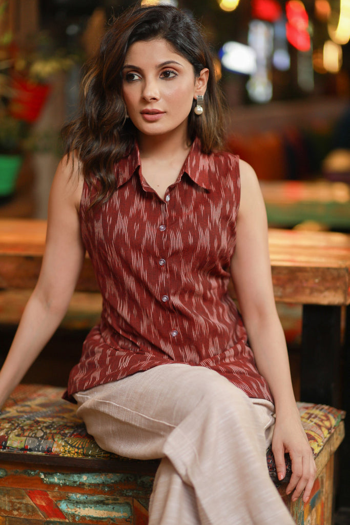 Casual Cotton Maroon Ikat Sleeveless Shirt