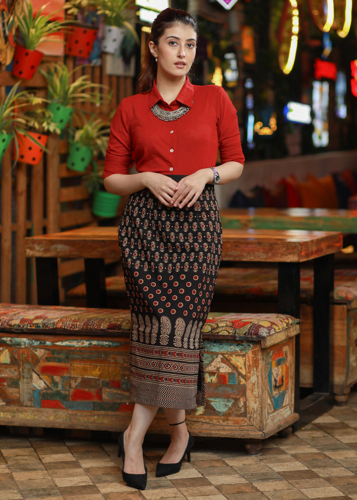 Trendy Black Indo-Western Ajrakh Formal Skirt with Optional Cotton Shirt