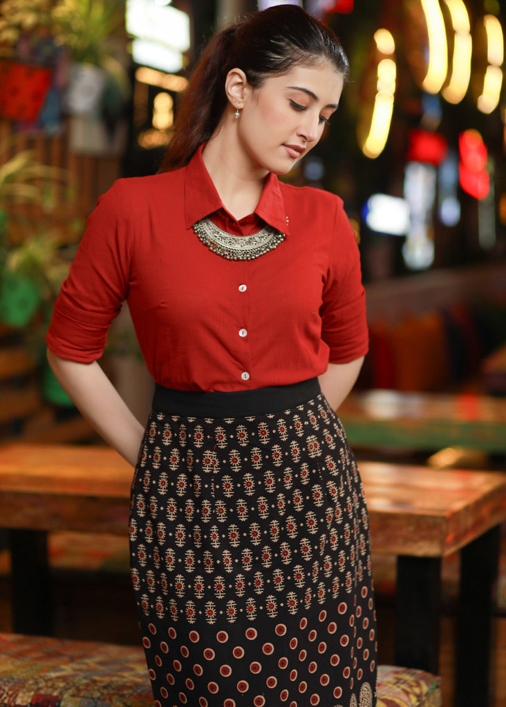Trendy Black Indo-Western Ajrakh Formal Skirt with Optional Cotton Shirt