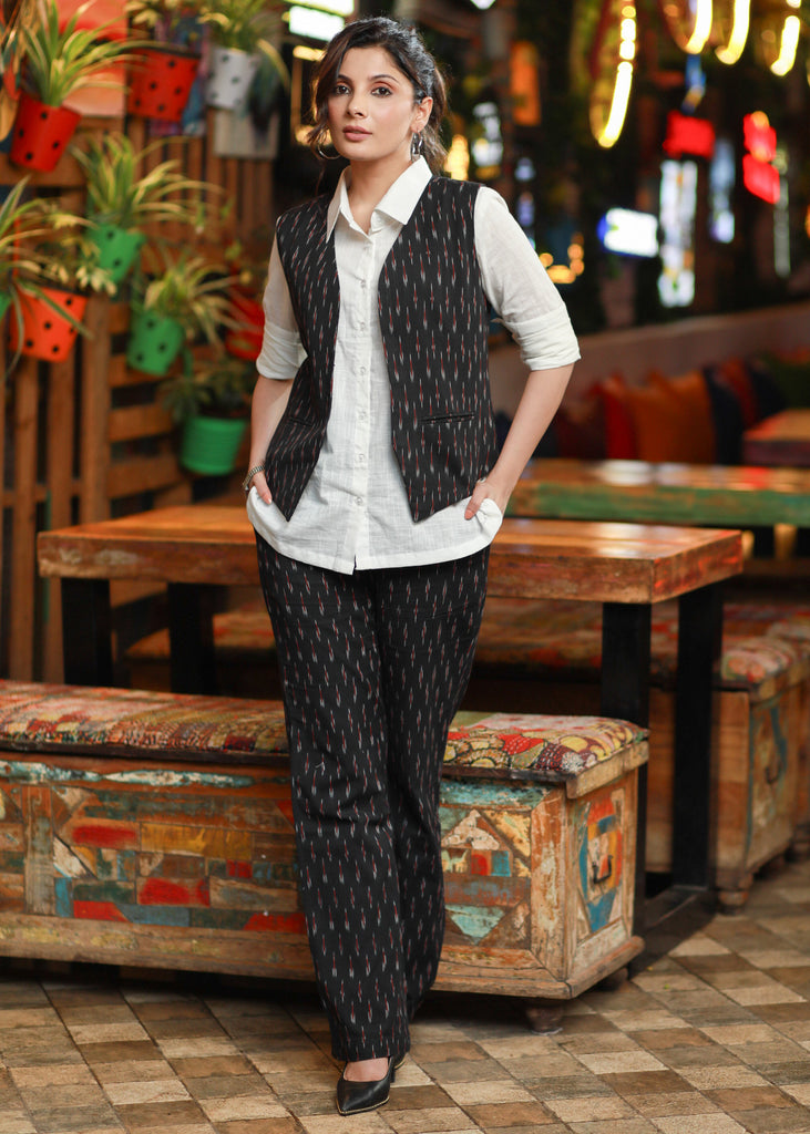 Trendy Formal Black Ikat Waistcoat with Optional Pant