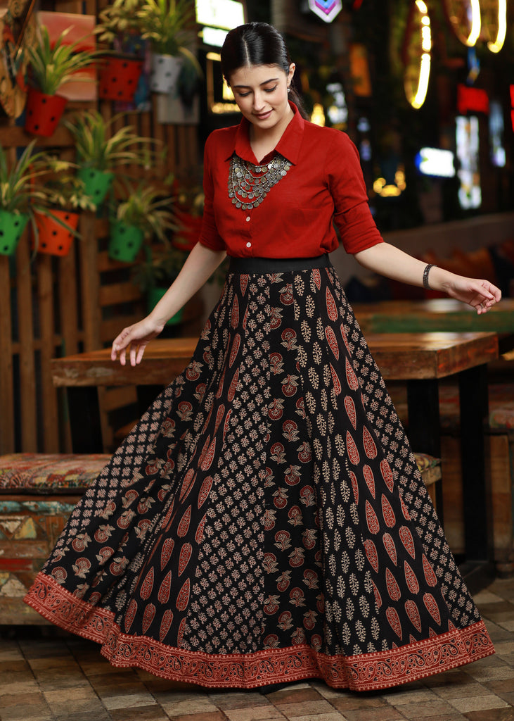 Exclusive Black Cotton Ajrakh Patchwork Skirt with Optional Cotton Maroon Shirt