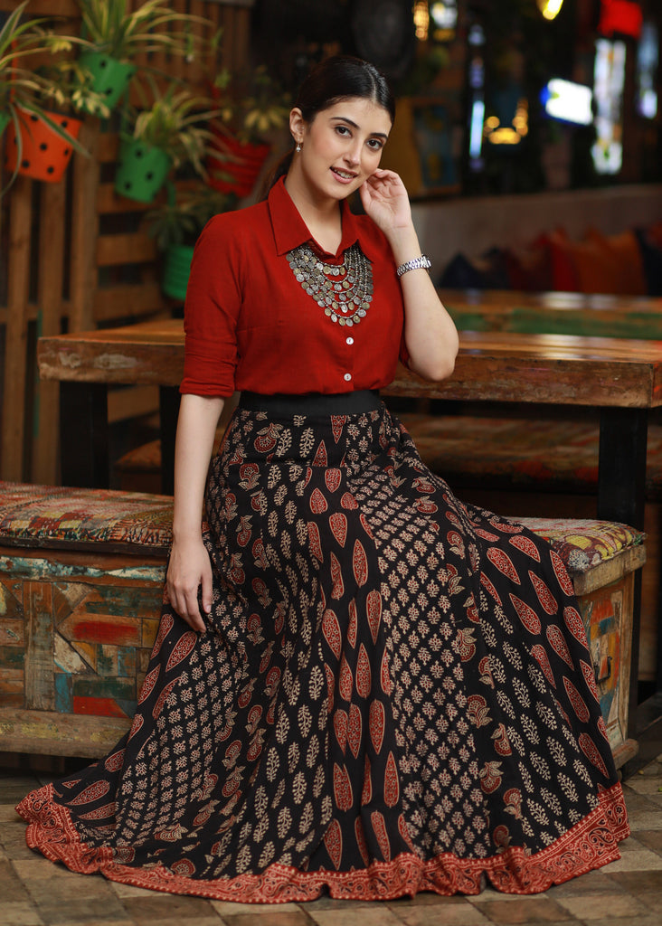 Exclusive Black Cotton Ajrakh Patchwork Skirt with Optional Cotton Maroon Shirt