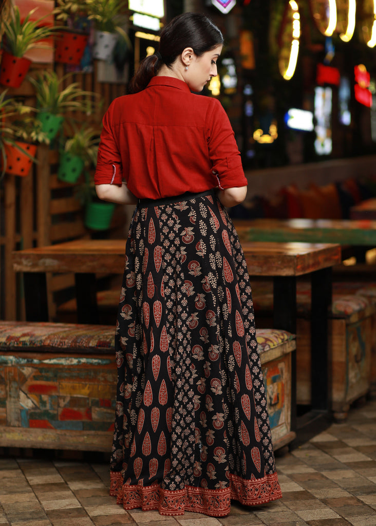 Exclusive Black Cotton Ajrakh Patchwork Skirt with Optional Cotton Maroon Shirt