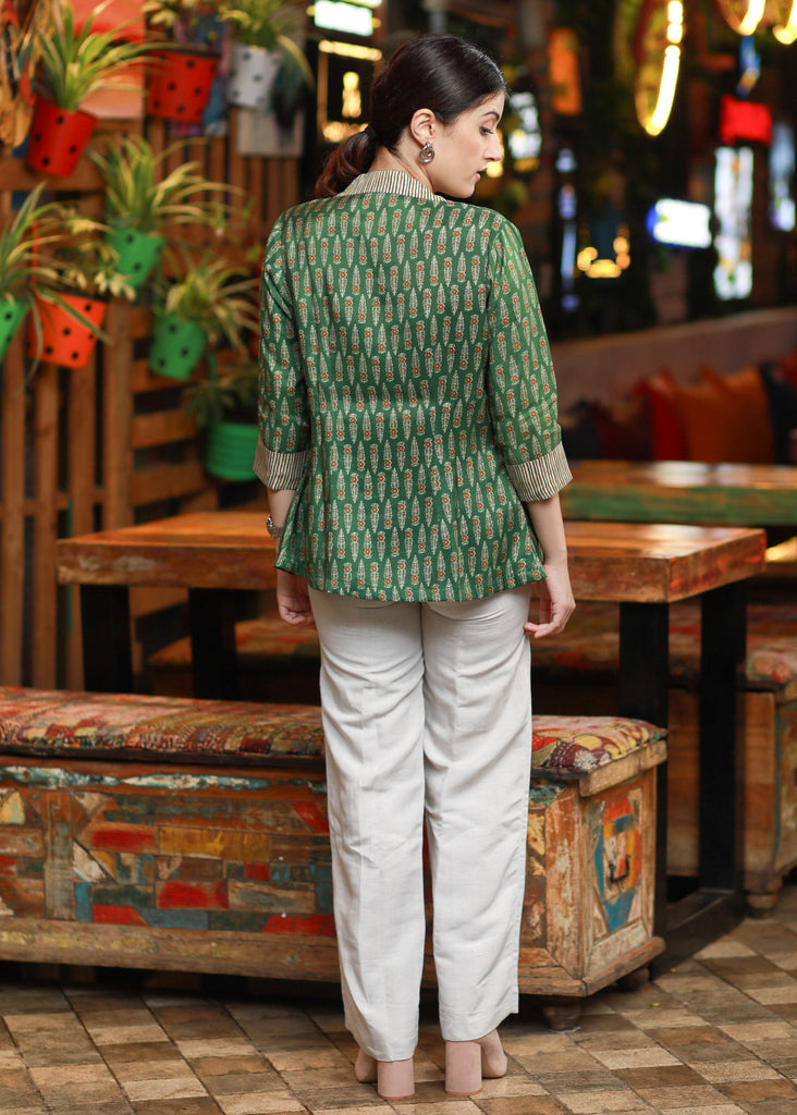 Trendy Floral Emerald Green Printed Jacket with Striped Inner