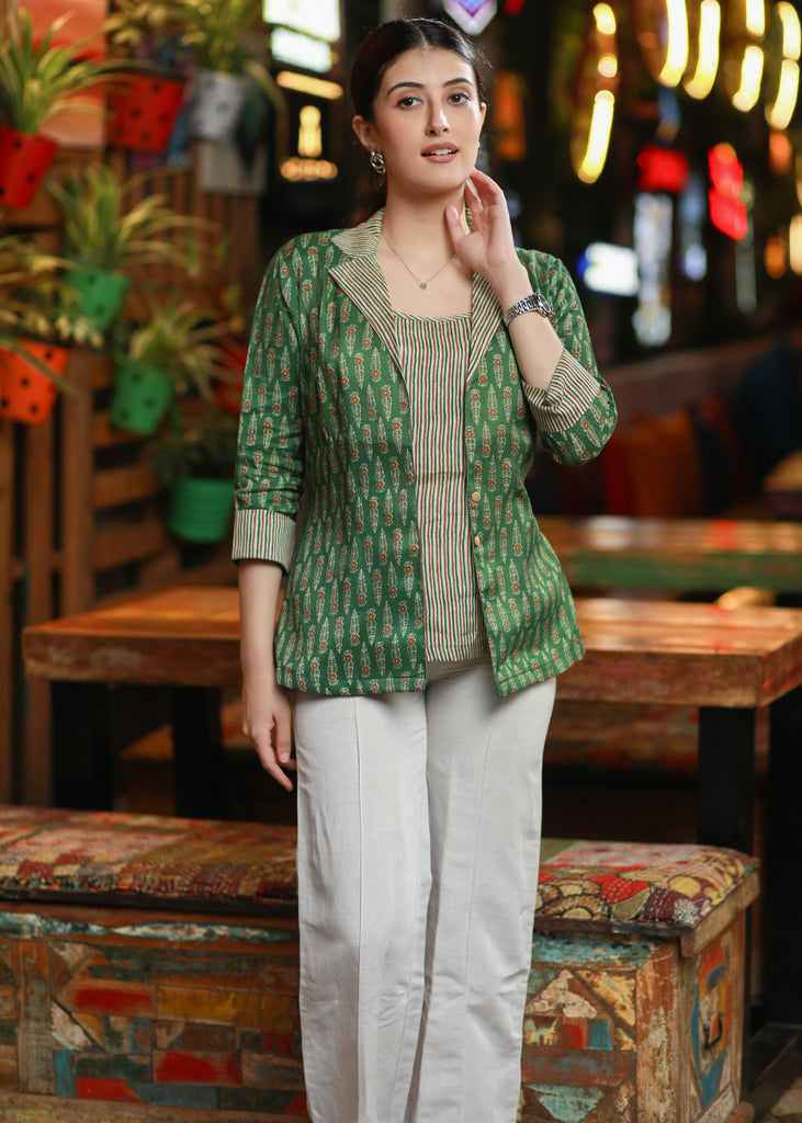 Trendy Floral Emerald Green Printed Jacket with Striped Inner