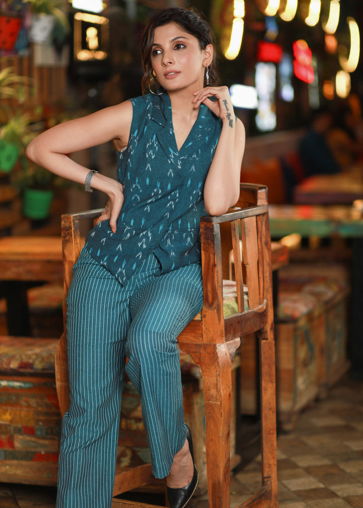 Exquisite Teal Cotton Ikat Waistcoat with Optional Pant