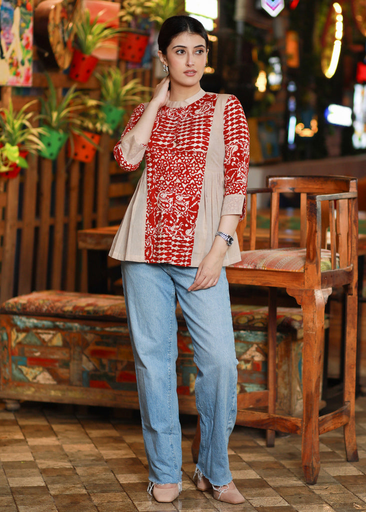 Casual Red Cotton Printed Shirt with Mandarin Collar Highlighted with Peplum Cut