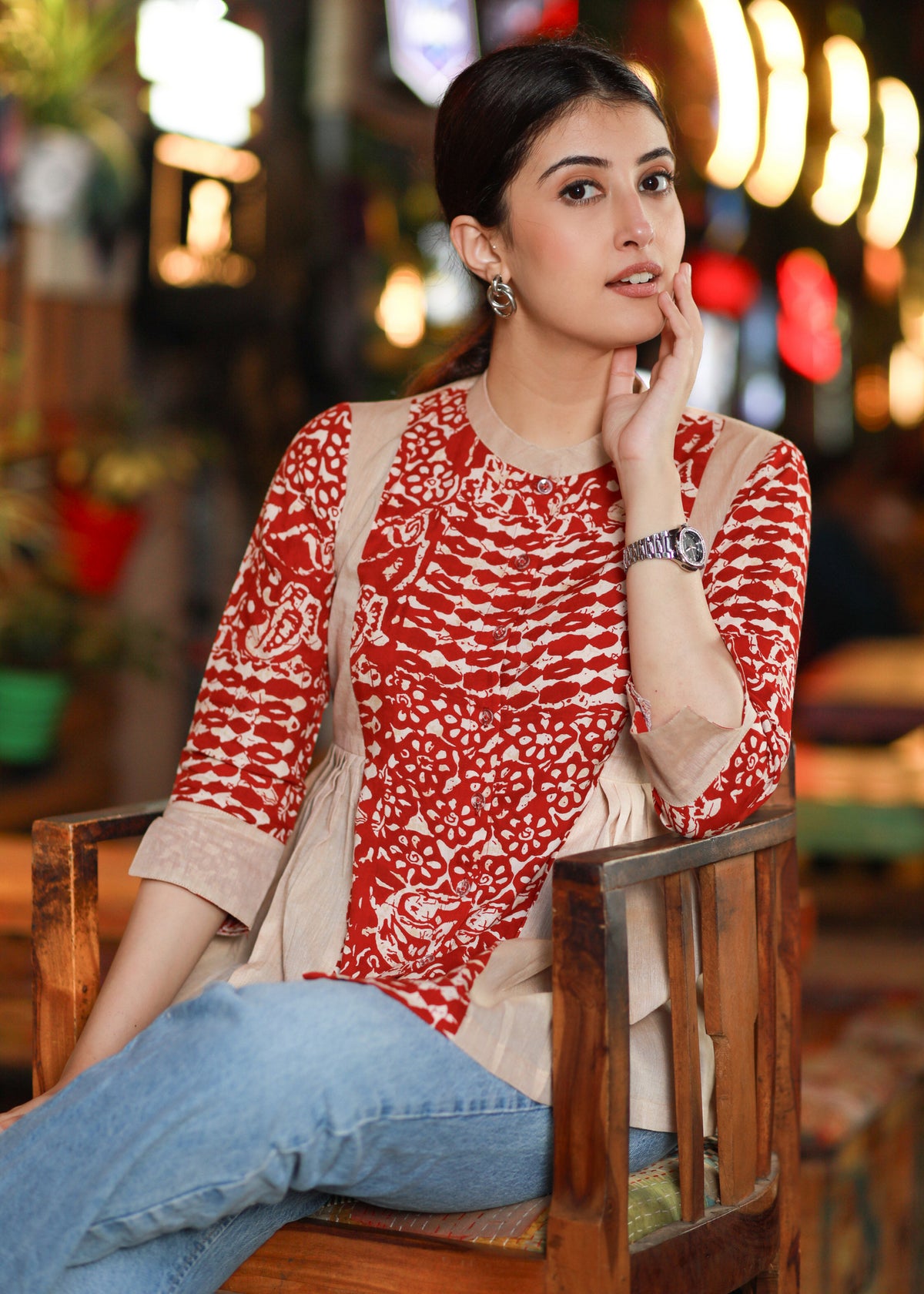Casual Red Cotton Printed Shirt with Mandarin Collar Highlighted with Peplum Cut