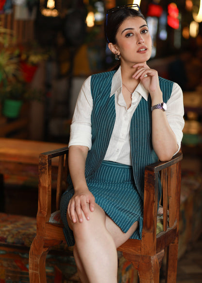 Trendy Striped Teal Formal Wear Cotton Skirt with Optional Waistcoat