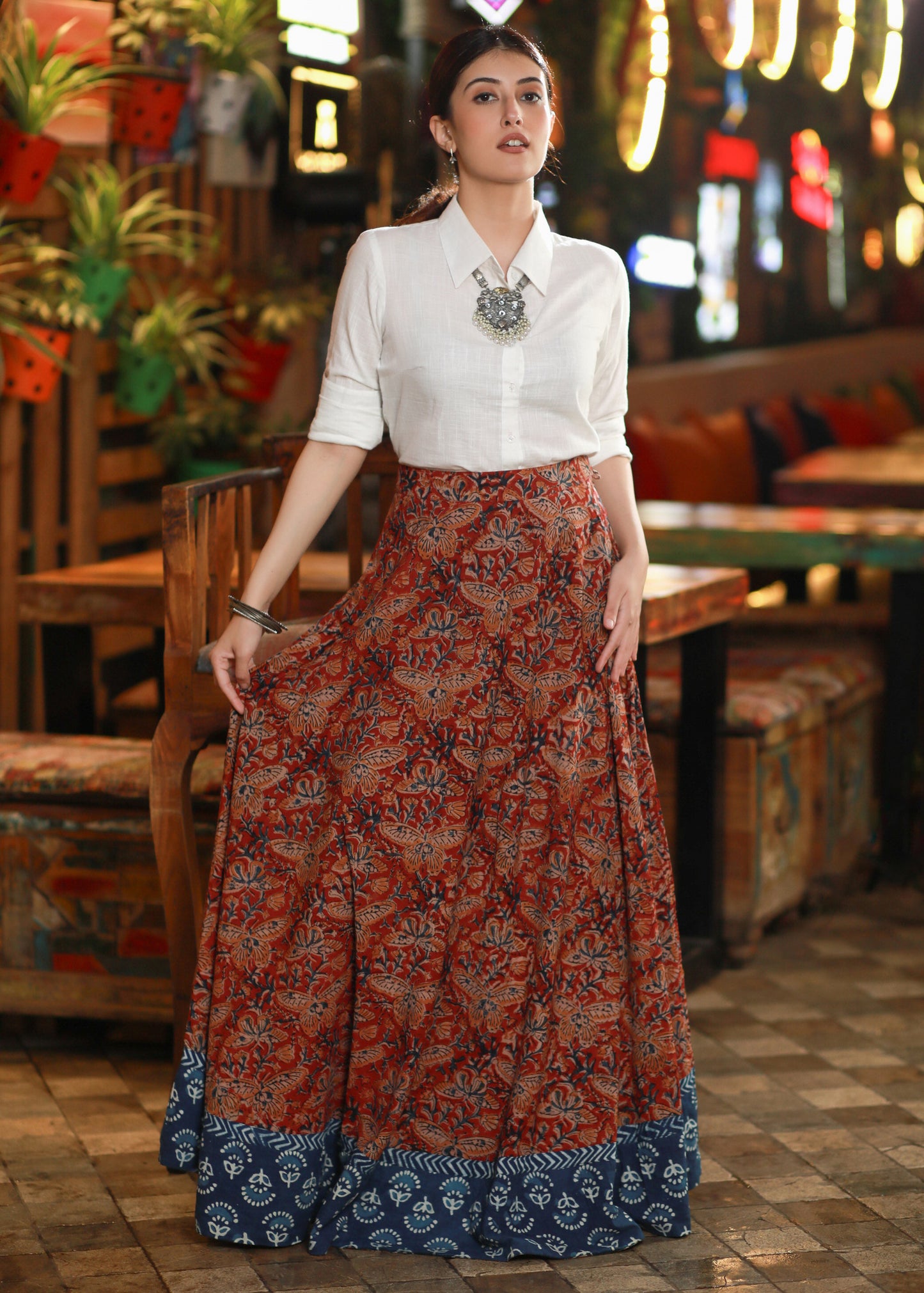 Beautiful Kalamkari Long Skirt Highlighted with Indigo Border on Hemline with Optional White Shirt