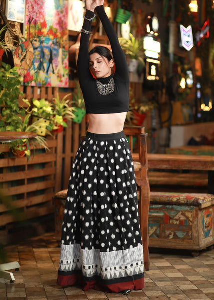 Exquisite Black Polka Dot Ikat Skirt with Beautiful Patchwork Ikat Borders on Hemline