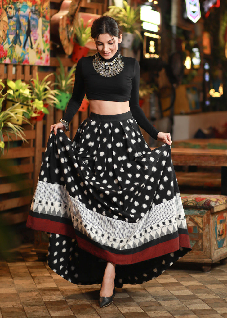 Exquisite Black Polka Dot Ikat Skirt with Beautiful Patchwork Ikat Borders on Hemline