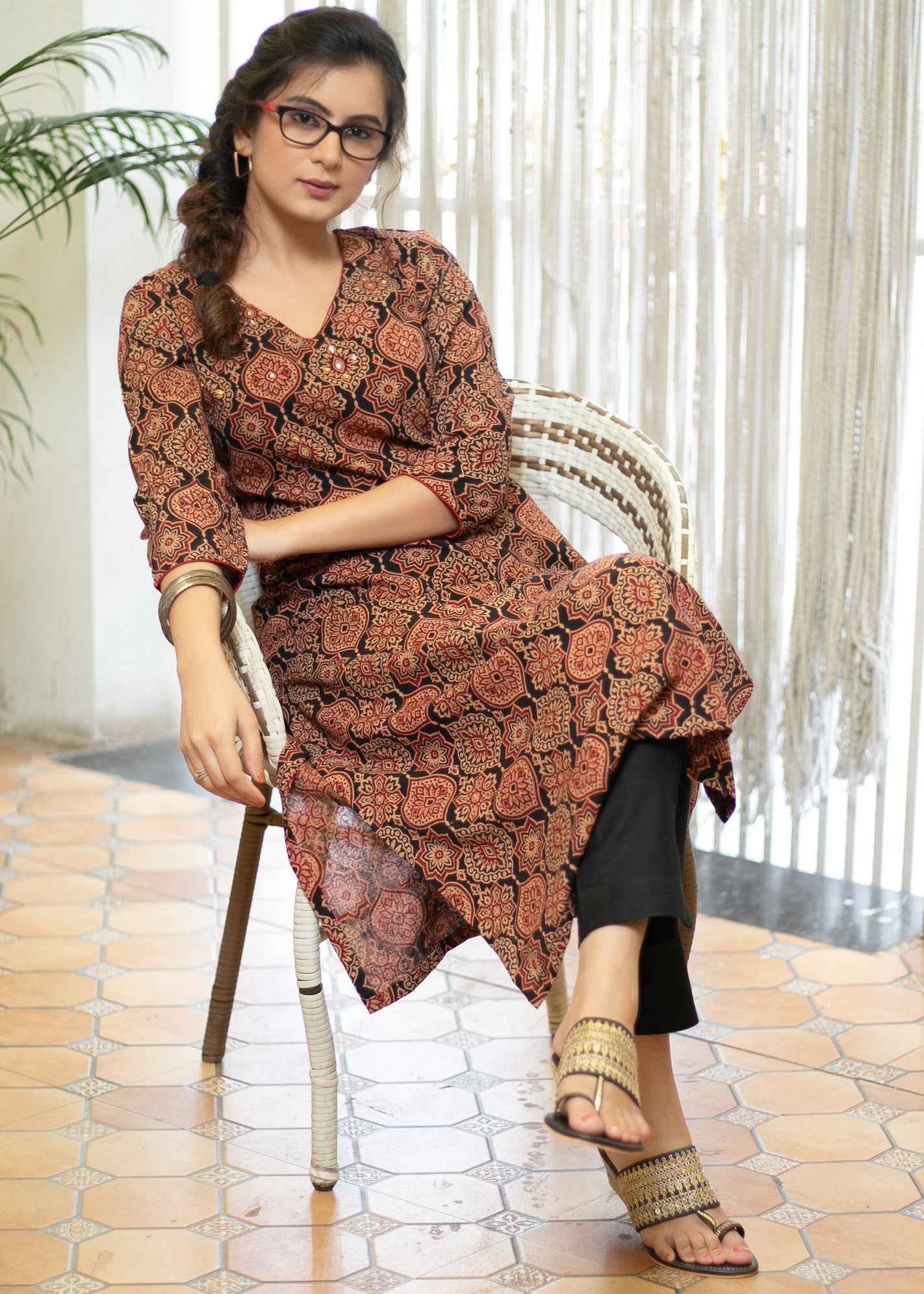 Elegant Mughal Print Straight Cut Cotton Ajrakh Kurta with Stone Embellishment on Yoke - Pant Optional