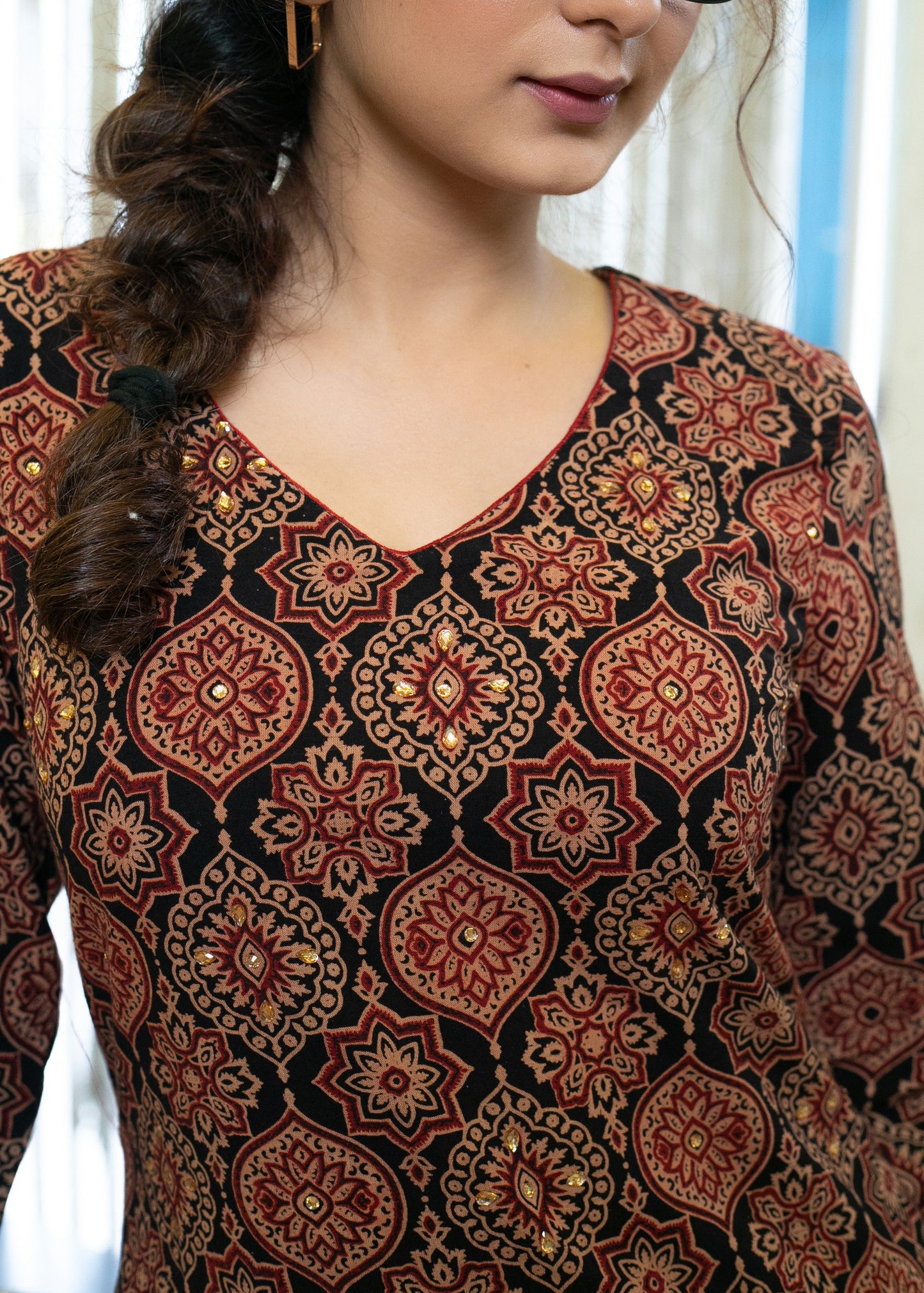 Elegant Mughal Print Straight Cut Cotton Ajrakh Kurta with Stone Embellishment on Yoke - Pant Optional