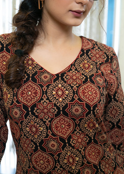 Elegant Mughal Print Straight Cut Cotton Ajrakh Kurta with Stone Embellishment on Yoke - Pant Optional