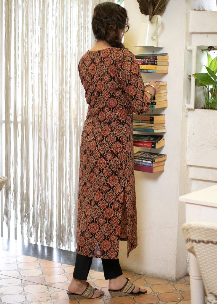 Elegant Mughal Print Straight Cut Cotton Ajrakh Kurta with Stone Embellishment on Yoke - Pant Optional
