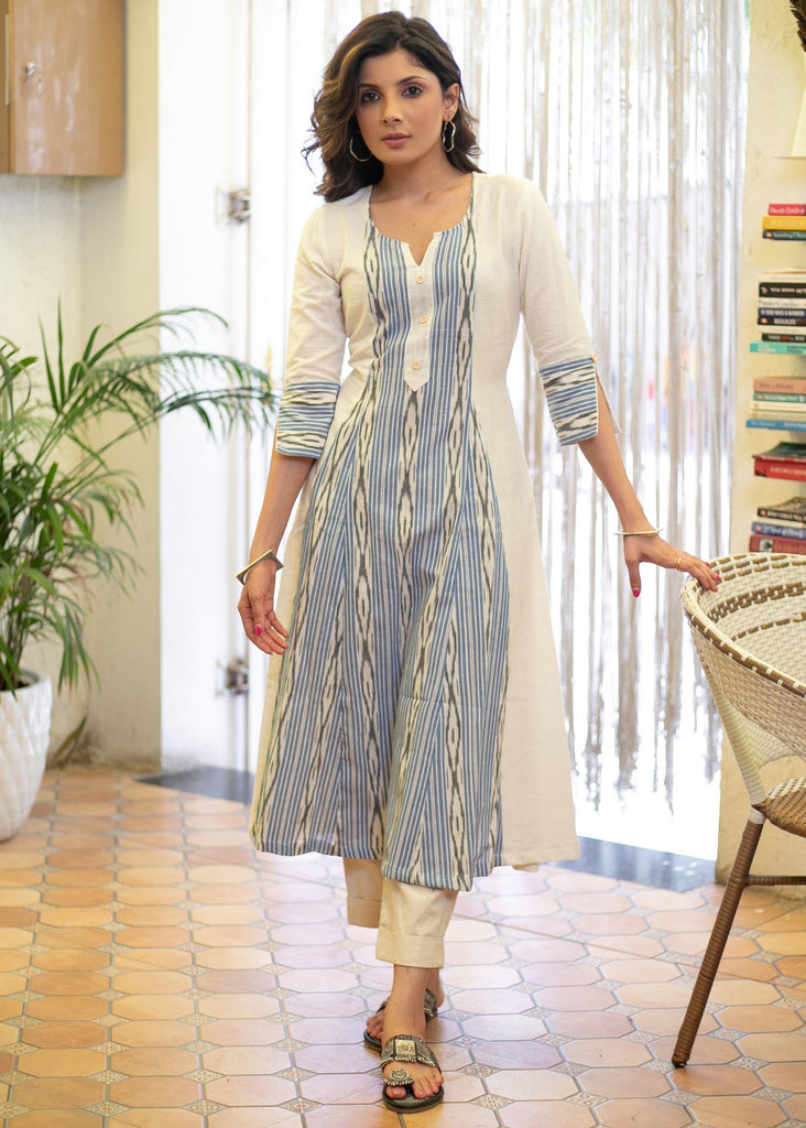 Smart White Cotton Kurta with Beautiful Striped Ikat Combination - Pant Optional